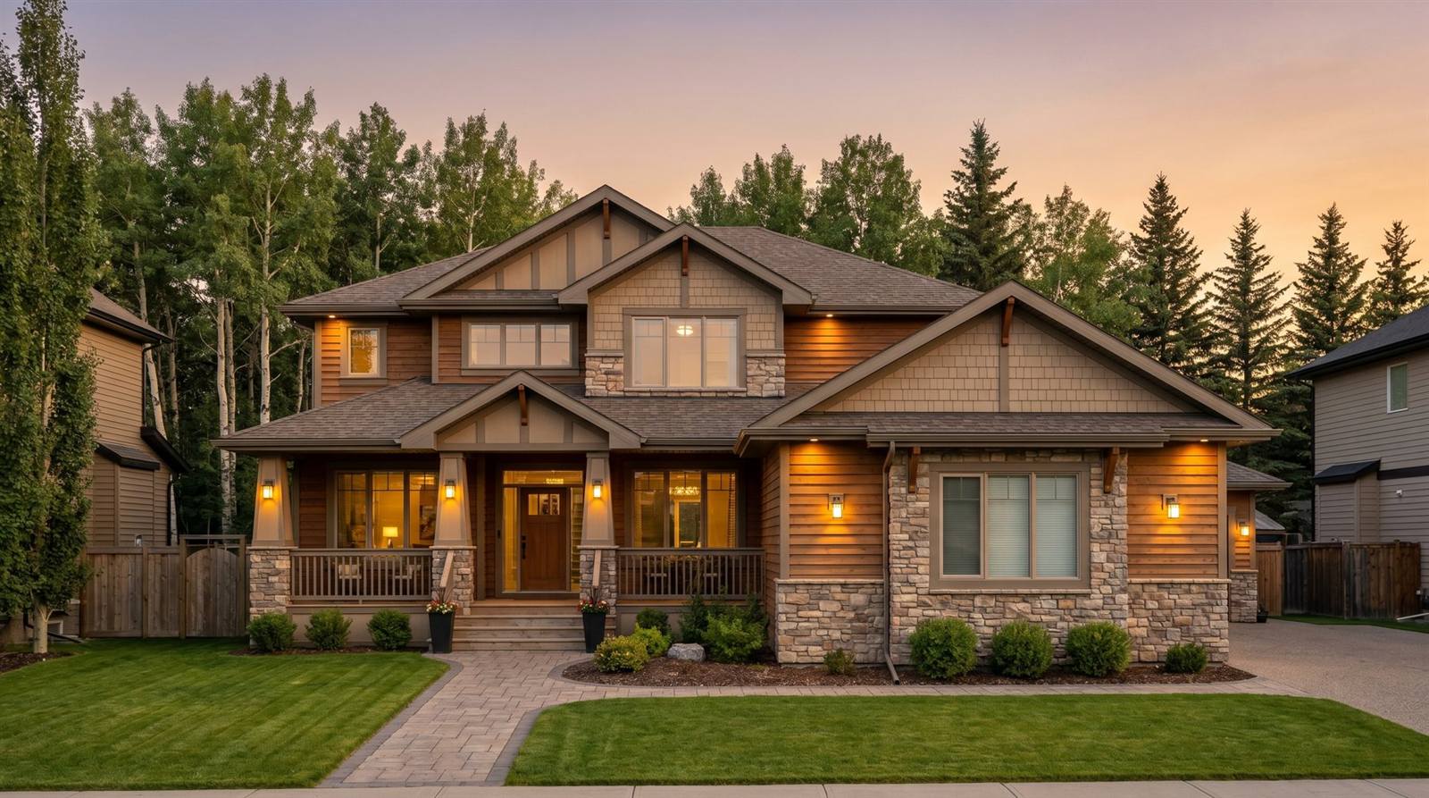 Illustration of a welcoming home with warm light through its windows.