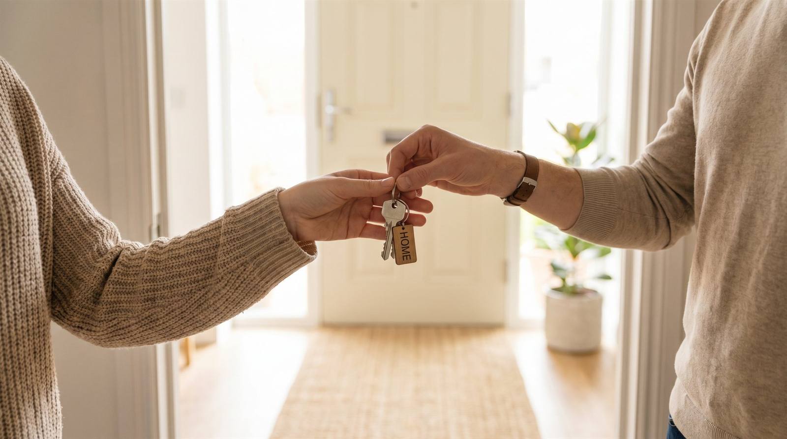 Illustration of keys being handed over in a warmly lit home.