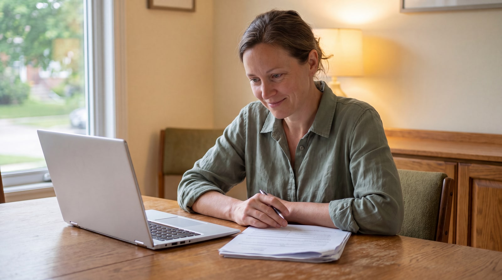 Illustration of a homeowner reviewing a signing package beside a laptop at home.